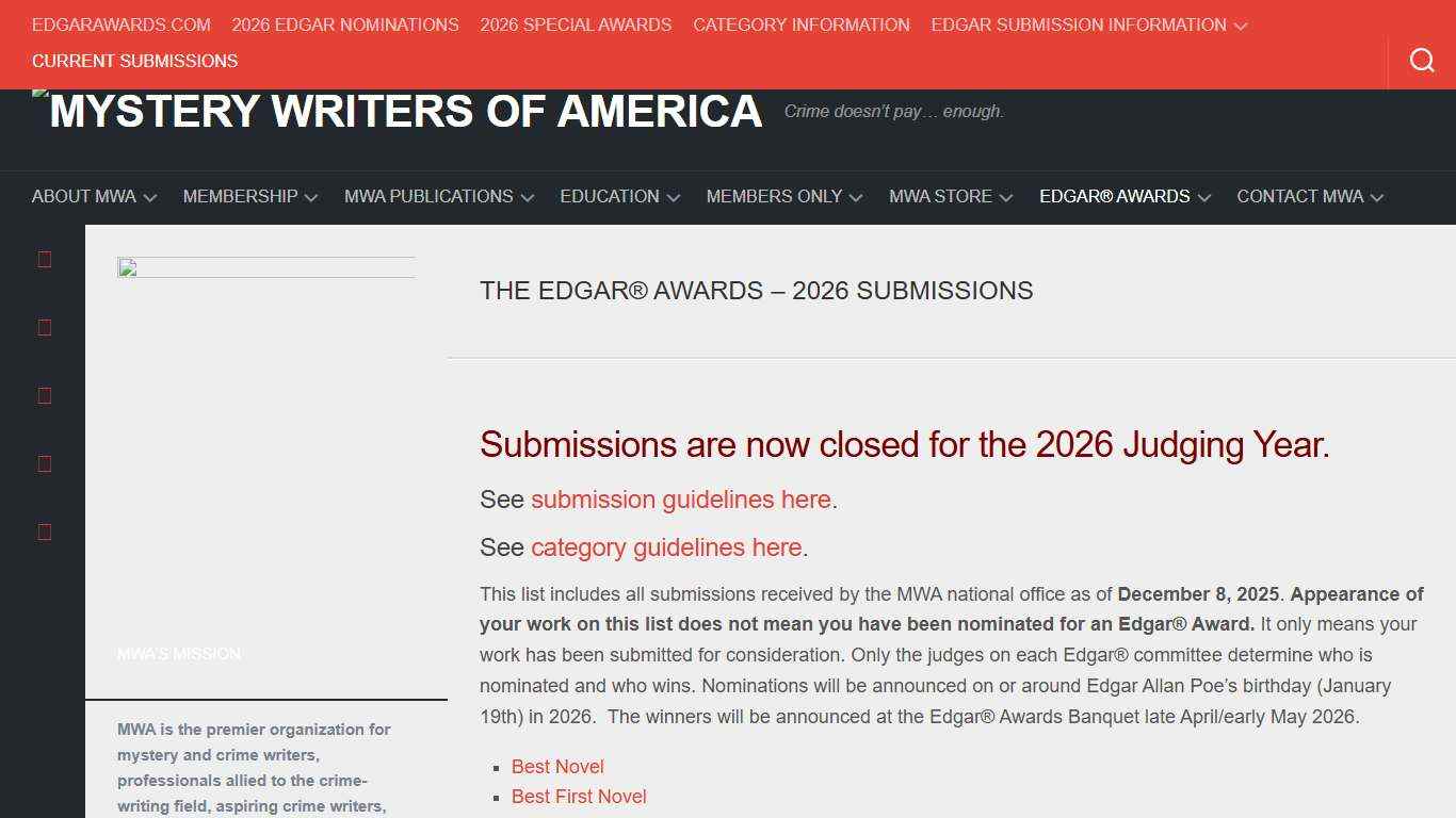 The Edgar® Awards - 2026 Submissions - Mystery Writers of America